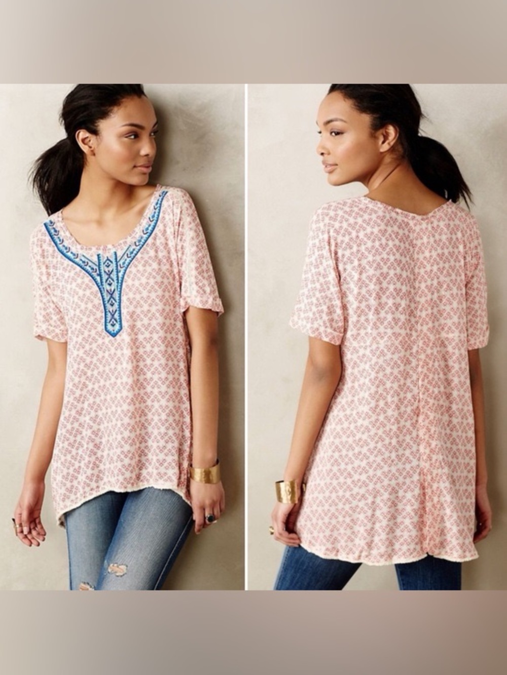 Anthropologie Holding Horses XS Red Embroidered Southwest Crinkle Tunic Shirt